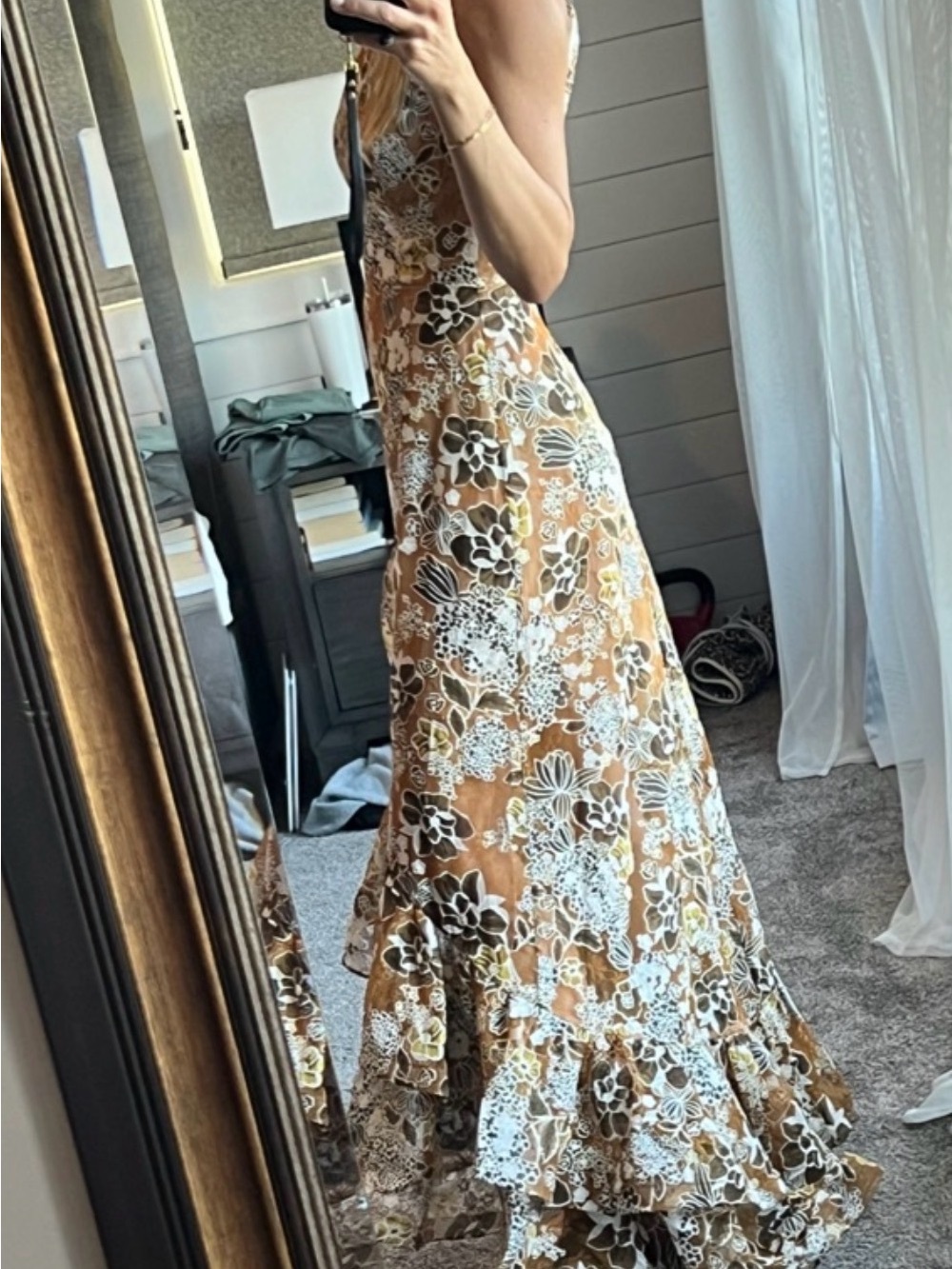 Bronx and Banco Floral Halter High-Low Maxi Dress in Tan and White - Picture 3 of 10